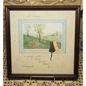 Vintage 1990 Signed D. Morgan Cat Friends Lithograph Print Framed 11" x 11"